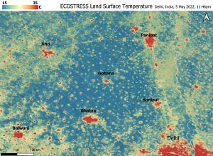 This image from a ECOSTRESS instrument, at midnight of 5thMay 2022, clearly delineates “urban heat islands.” Night-time temperatures in Delhi and several smaller cities were peaking at about 39⁰ C, while the rural fields nearby had cooled to around 15⁰ C. (Credits: NASA/JPL-Caltech)