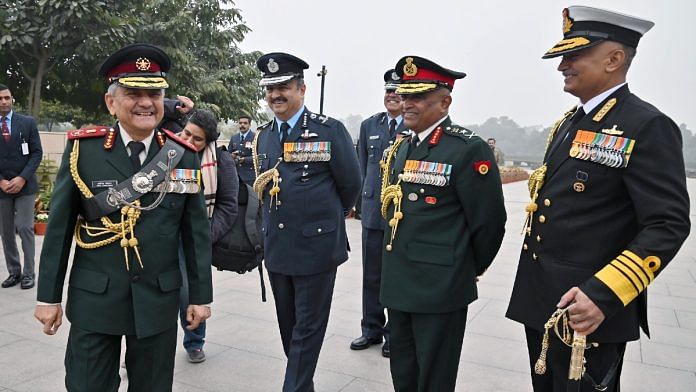 File photo of Chief of Defence Staff General Anil Chauhan, Chief of Army Staff General Manoj Pande, Chief of Air Staff, Air Chief Marshal VR Chaudhari and Chief of the Naval Staff Admiral R Hari Kumar at the National War Memorial in New Delhi | ANI/Sanjay Sharma