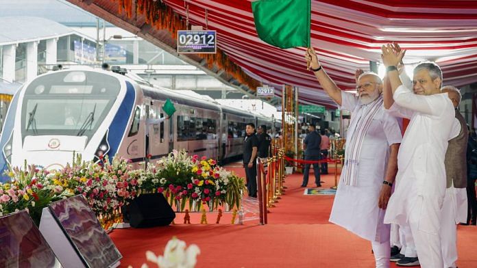Prime Minister Narendra Modi flags off a Vande Bharat Express at Rani Kamalapati Railway Station in Bhopal Tuesday | ANI