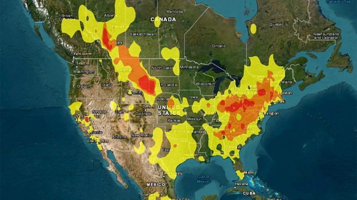 A map of North America shows concentrations of particulate matter (PM2.5), the main pollutant in wildfire smoke, as depicted on the airnow.gov site | Handout by Reuters