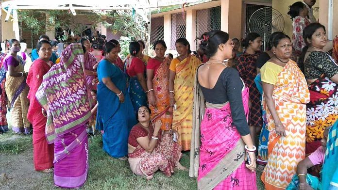 Female voters wait to cast their vote outside of a polling booth during the West Bengal Panchayat Elections at Bhangar in South 24 Parganas on Saturday | ANI