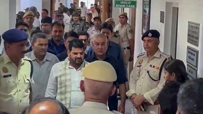 Bharatiya Janata Party (BJP) MP Brij Bhushan Sharan Singh arrives to appear before the Rouse Avenue Court in connection with the alleged sexual harassment case of women wrestlers, in New Delhi on Tuesday | ANI