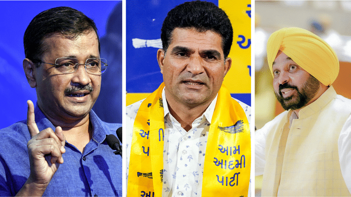 (From L) Delhi Chief Minister Arvind Kejriwal, AAP’s Gujarat unit head Isudan Gadhvi and Punjab Chief Minister Bhagwant Mann | ANI file photo