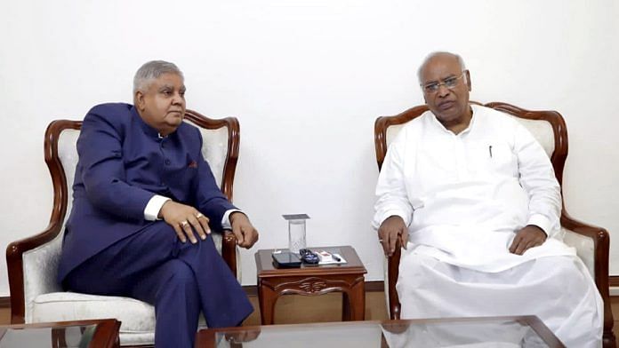 RS Chairman Jagdeep Dhankhar (L) with LoP Mallikarjun Kharge (R) | ANI file photo