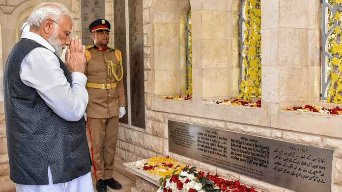 Prime Minister Narendra Modi offers tributes to the Indian soldiers who bravely fought and laid down their lives in Egypt and Palestine during the First World War, at the Heliopolis Commonwealth War Cemetery, in Cairo | Photo credit: PTI