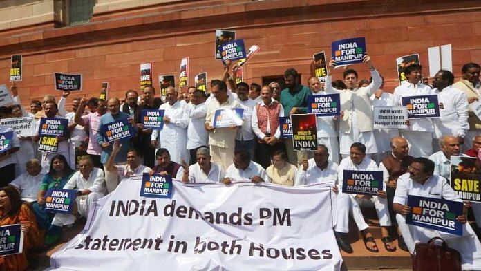 Opposition leaders protest in Parliament over PM Modi's silence on Manipur, on 24 July 2023 | Praveen Jain | ThePrint