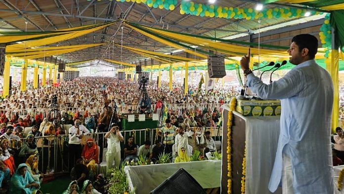 Dushyant Chautala speaks at JJP's Nav Sankalp rally in Jind | Photo: By special arrangement