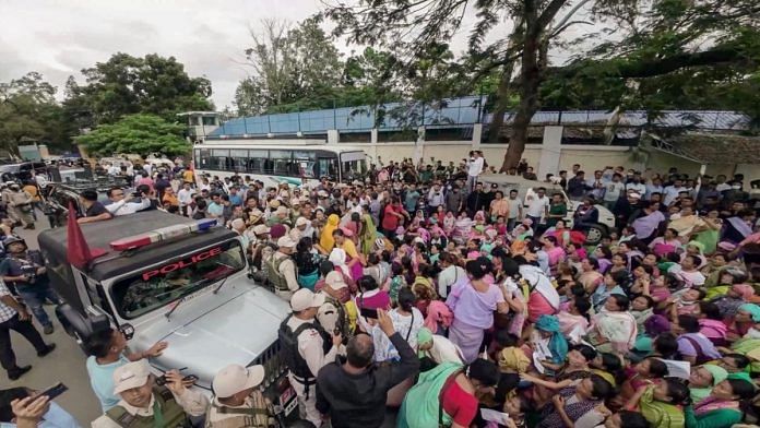 Women gather outside the residence of Manipur Chief Minister Biren Singh in Imphal, on 30 June 2023 | ANI photo