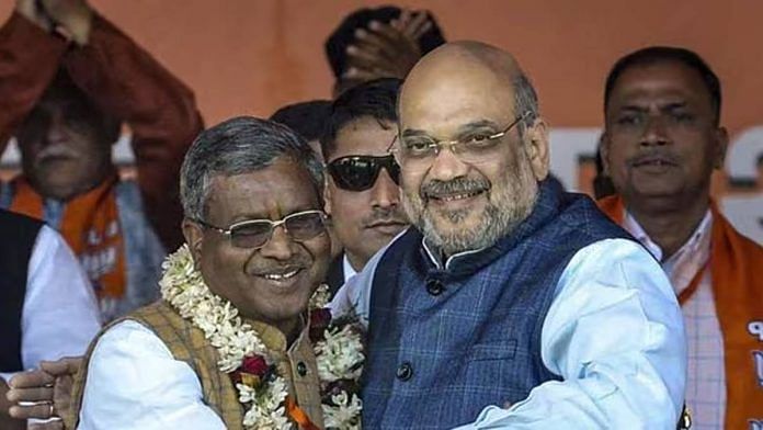 Former Jharkhand chief minister Babulal Marandi with Union home minister Amit Shah during the merger of Jharkhand Vikas Morcha with the BJP in 2020 | Photo: PTI