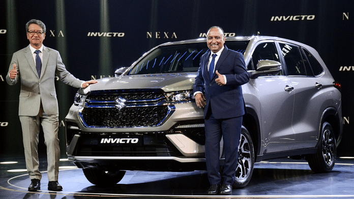 Managing Director and Chief Executive officer (CEO), Maruti Suzuki, Hisashi Takeuchi with Senior Executive Officer (Marketing & Sales) Shashank Srivastava at the launch of ‘Invicto’ in Gurugram on Wednesday | ANI