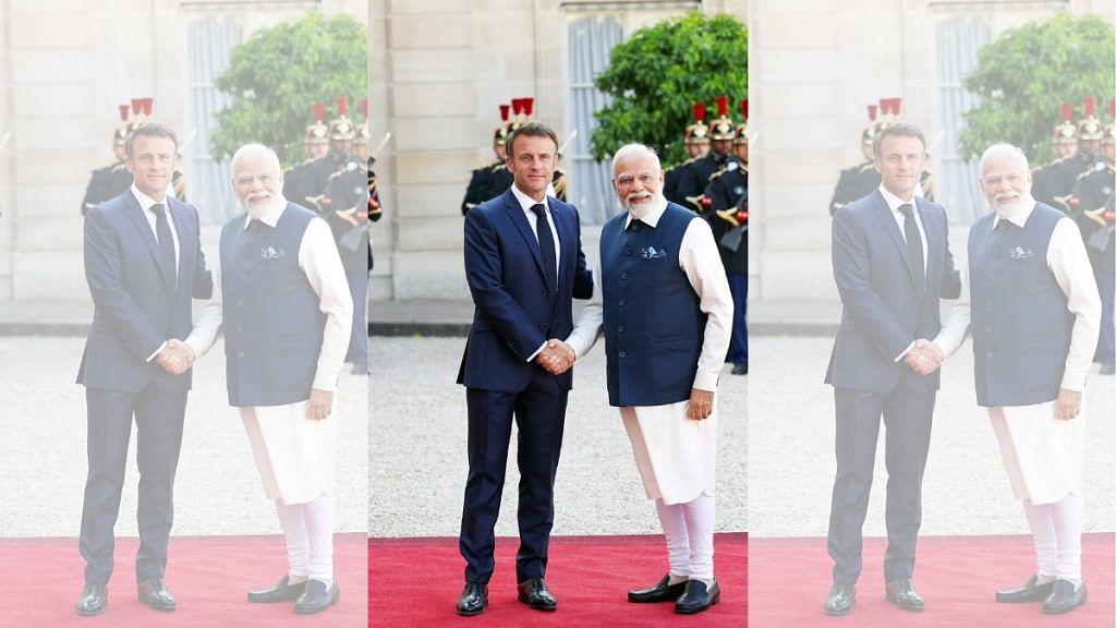 Prime Minister Narendra Modi with French President Emmanuel Macron on his arrival at the Élysée Palace, in Paris, Friday | ANI
