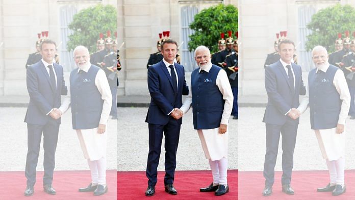 Prime Minister Narendra Modi with French President Emmanuel Macron on his arrival at the Élysée Palace, in Paris, Friday | ANI