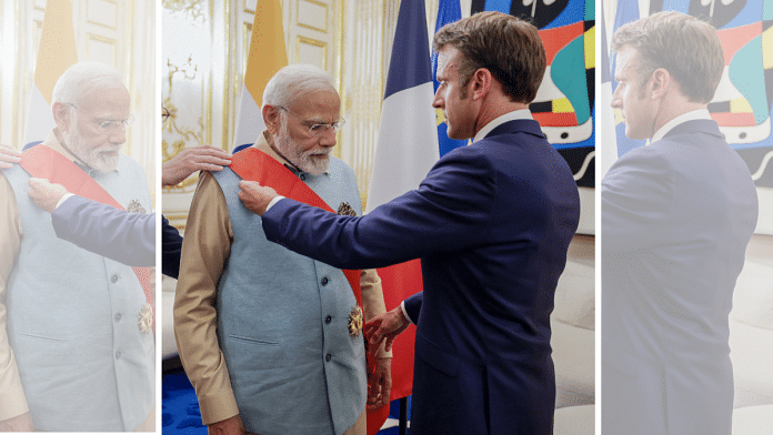 Prime Minister Narendra Modi being conferred with the ‘Grand Cross of the Legion of Honour’, France's highest award, by French President Emmanuel Macron at Elysee Palace in Paris Thursday | ANI