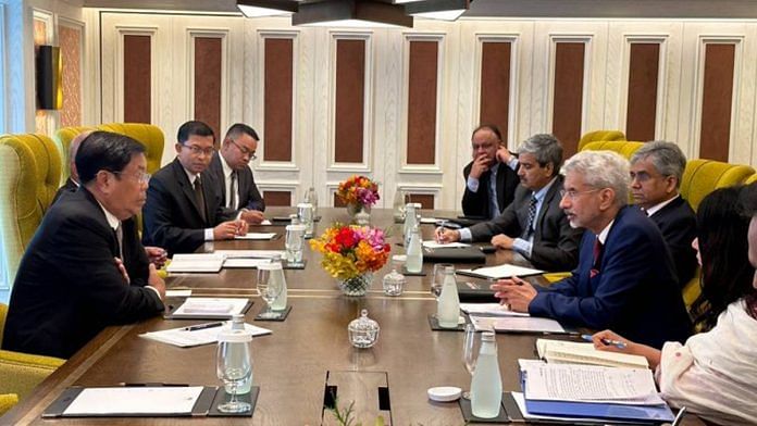 Foreign minister S Jaishankar with his Myanmarese counterpart U Than Swe on the sidelines of the Mekong Ganga Cooperation summit in Bangkok | Photo: Twitter/@DrSJaishankar