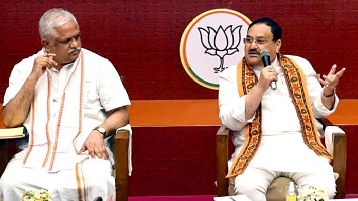 File photo of BJP national president J.P. Nadda and general secretary (organisation) B.L. Santhosh | ANI