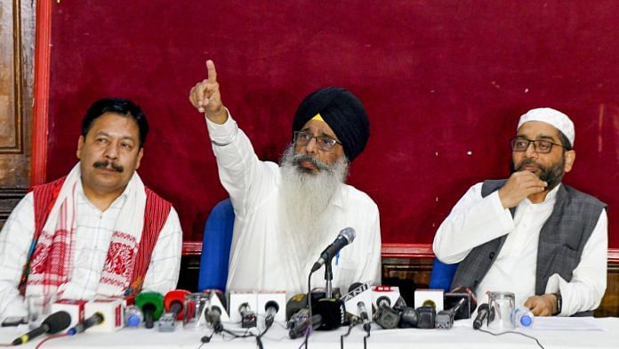 Jagmohan Singh with Syed Sadatullah Husaini and MP Naba Kumar Sarania addressing press conference at Press Club of India, New Delhi, Wednesday | ANI