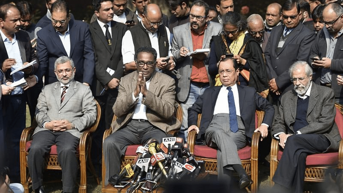 SC judge Jasti Chelameswar (with folded hands) along with other judges during a press conference | PTI file