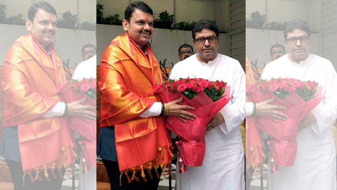 File photo of Maharashtra Deputy Chief Minister Devendra Fadnavis with MNS chief Raj Thackeray at his residence in Mumbai last year | ANI