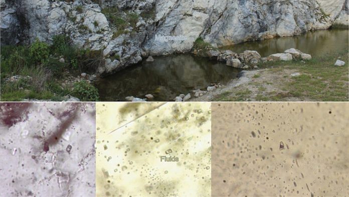 (Top) Field exposures of magnesite near Chandak hills, Kumaon; Microphotographs of ocean water trapped in magnesite crystals | Prakash Chandra Arya