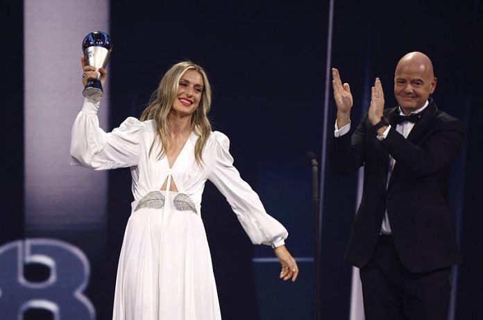 Barcelona's Alexia Putellas winner of The Best FIFA Women’s Player award 2022 receives the trophy from FIFA president Gianni Infantino | Reuters file photo