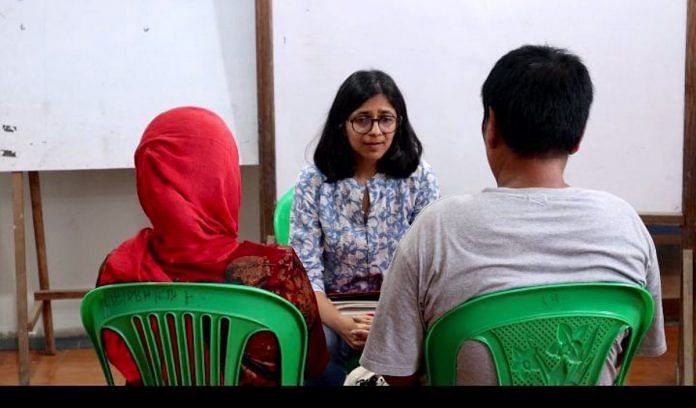 Chairperson of Delhi Commission for Women Swati Maliwal meets family members of the two women who were paraded naked by a few men in violence-hit Manipur, in Churachandpur, on 24 July 2023 | PTI