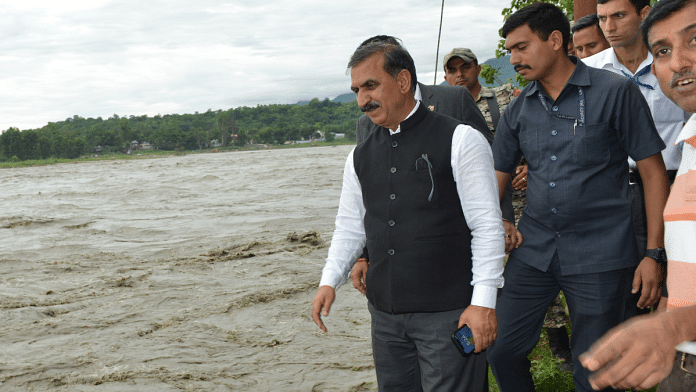 Himachal Chief Minister Sukhvinder Singh Sukhu assesses rising water levels of Beas at Nadaun | Twitter | @SukhuSukhvinder