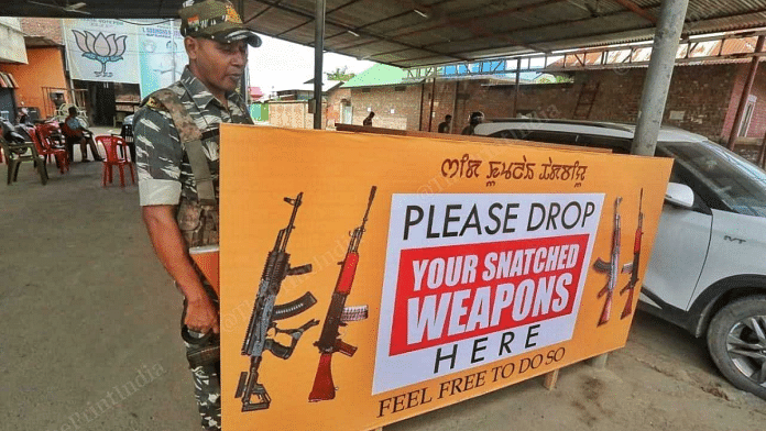 The box with a banner urging civilians to surrender looted firearms in Imphal’s Khurai village | Praveen Jain | ThePrint