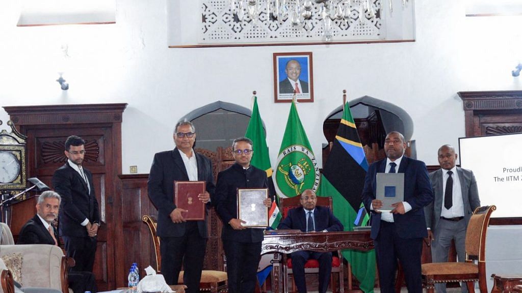 External Affairs Minister S Jaishankar (seated, left) and Zanzibar President Hussein Ali Mwinyi (seated, centre) witness the signing of an agreement on the setting up of an IIT Madras campus in Zanzibar | Representational image | ANI
