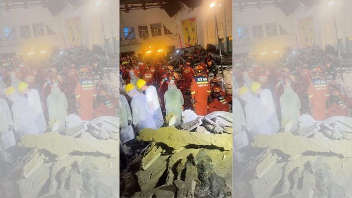 Rescue workers search for survivors at the site where the roof a school gymnasium collapsed, in Qiqihar, Heilongjiang province, China | Reuters