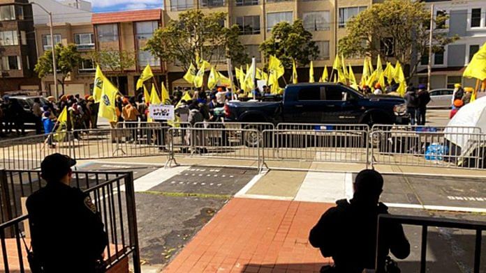 Protesters waving Khalistan flags gathered outside the Indian Consulate in San Francisco in March 2023 | Photo: ANI