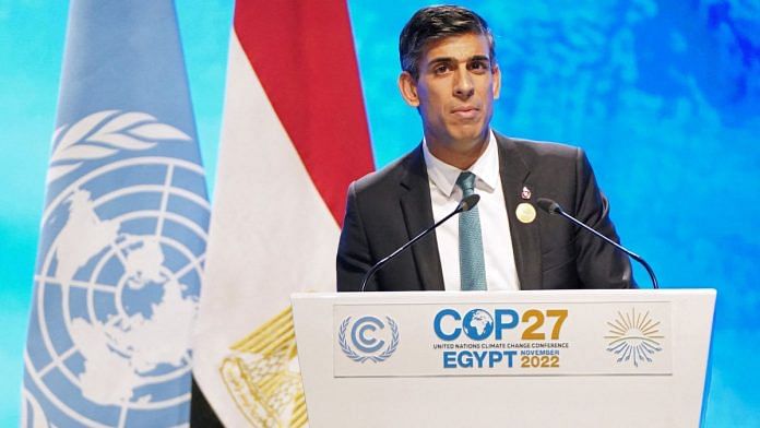 British Prime Minister Rishi Sunak addresses delegates during the COP27 summit at Sharm el-Sheikh, Egypt | Stefan Rousseau/Pool via Reuters/File Photo