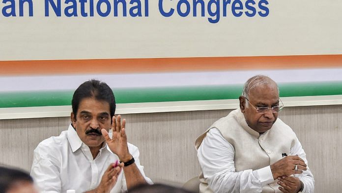 Congress president Mallikarjun Kharge and party general secretary K.C. Venugopal at a meeting with party leaders of the N-E states at AICC headquarters in New Delhi, Saturday | ANI