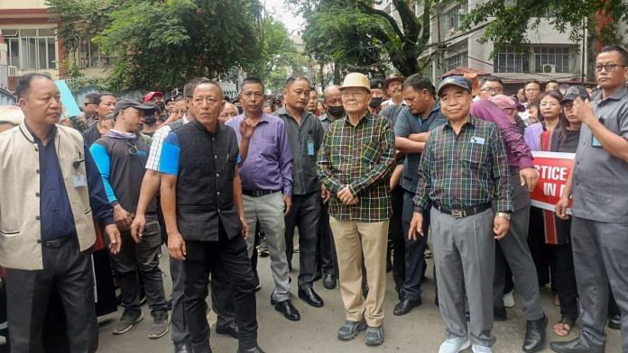 Mizoram Chief Minister Zoramthanga (far right, in blue cap) leads the demonstration in Aizawl, expressing solidarity with the Zo people in strife-torn Manipur | Photo: ANI