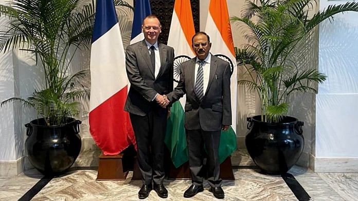 NSA Ajit Doval with Emmanuel Bonne, diplomatic adviser to French President Emmanuel Macron, in New Delhi Thursday | By special arrangement