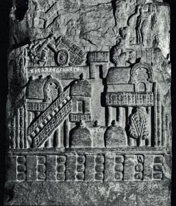 Gifting of the Jetavana monastery. Fragment of four-sided stele depicting locations related to the Buddha’s life. Amaravati,ca. 2nd century BCE. Collection: Archaeological Museum ASI, Amaravati, Guntur district, Andhra Pradesh (inv. 62)