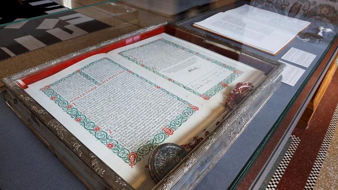 Copies of Denmark’s constitutional acts are on display inside the Danish parliament in Christiansborg Palace, Copenhagen, Denmark | Reuters