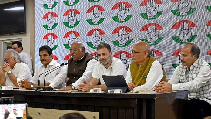 Congress Party President Mallikarjun Kharge along with party leaders Rahul Gandhi, Abhishek Manu Singhvi, Adhir Ranjan Chowdhury, KC Venugopal and Jairam Ramesh during a press conference, at AICC Hq in New Delhi on Friday | ANI