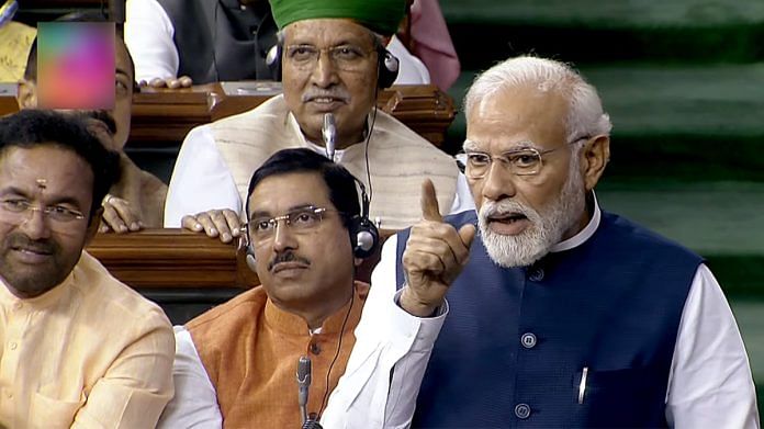 Prime Minister Narendra Modi speaks in Lok Sabha during the ongoing Monsoon Session of Parliament, in New Delhi on Thursday | ANI