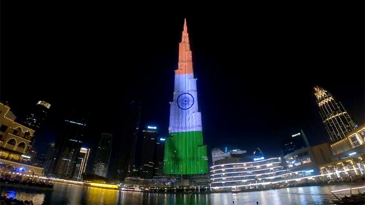 Burj Khalifa in Dubai lights up in Indian tricolour on 77th