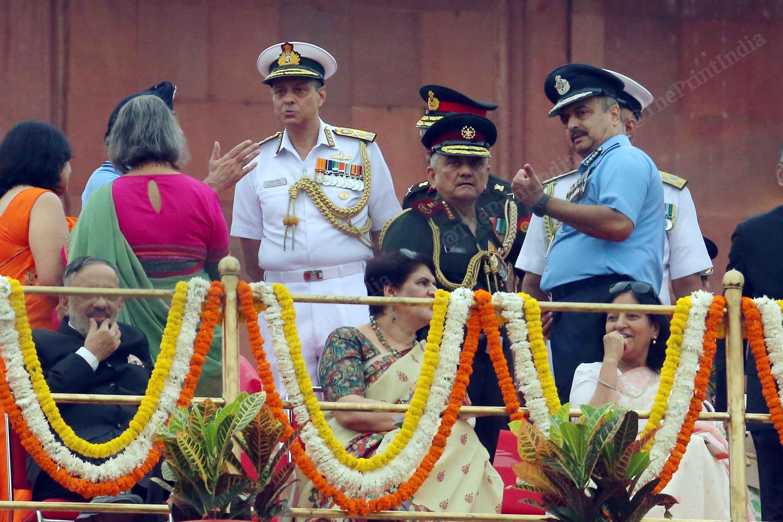 Chief of Defence Staff Anil Chauhan and Air Chief Marshal VR Chaudhari talks during the 77th Independence Day | Photo: Praveen Jain | ThePrint