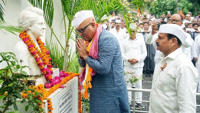 Ajay Rai pays homage to former PM Indira Gandhi at the Congress office in Lucknow after taking charge as the state party chief Thursday | ANI