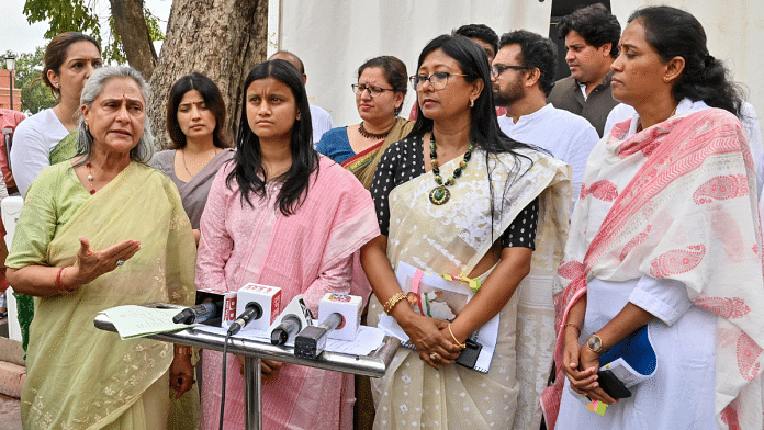 File photo of Samajwadi Party MP Jaya Bachchan with party MP Dimple Yadav, JMM MP Mahua Manjhi along with other MPs and Baby A’s mother Dhara Shah at the Parliament House complex | ANI