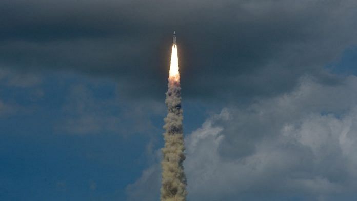 India's LVM3-M4 lifts off carrying the Chandrayaan-3 lander from the Satish Dhawan Space Centre at Sriharikota, on 14 July 2023 | Reuters