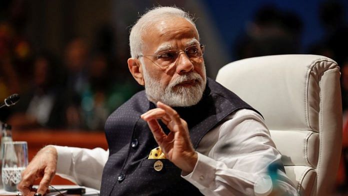 Prime Minister Narendra Modi gestures at the plenary session during the 2023 BRICS Summit at the Sandton Convention Centre in Johannesburg, South Africa August 23, 2023 | Reuters