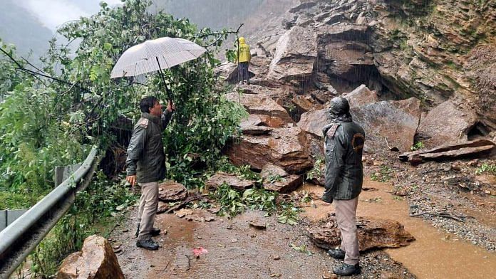 A road on Chowki Phata Kedarnath Highway gets blocked by boulders and debris following landslides, in Rudraprayag, on 10 August 2023 | ANI photo