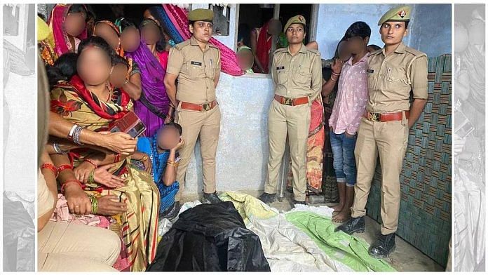 Police personnel stand by the victims' families as the sisters' bodies are brought home, in September 2022 | File image | Shikha Salaria | ThePrint