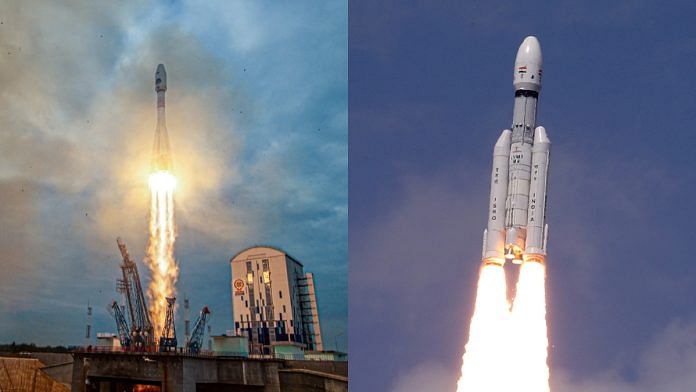 (Left) Luna-25 takes off from Vostochny Cosmodrome on 11 August; ISRO launches Chandrayaan-3 mission from Sriharikota on 14 July | Roscosmos/Vostochny Space Centre/Reuters; ANI
