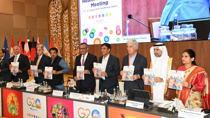 The G20 health ministers' meeting in Gandhinagar Saturday where the Global Initiative on Digital Health was launched | X/@mansukhmandviya