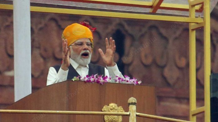 PM Narendra Modi addressing nation from Red Fort, Tuesday | Praveen Jain | ThePrint