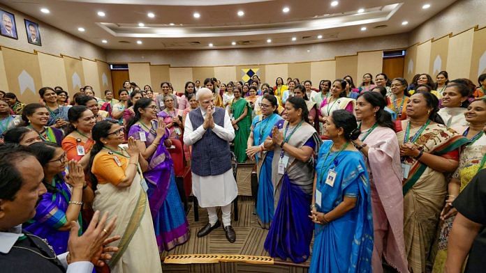 Prime Minister Narendra Modi meets women scientists of the ISRO team involved in Chandrayaan-3 Mission at ISRO Telemetry Tracking & Command Network Mission Control Complex in Bengaluru on Saturday | ANI